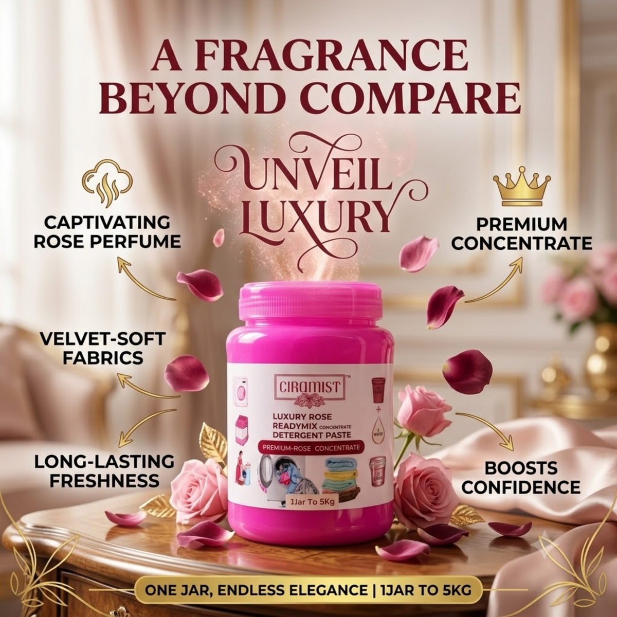 CIRAMIST Luxury Rose Detergent Concentrate Paste for Machine & Hand Wash 1 Jar To 5Kg Rose Liquid Detergent (900 g)