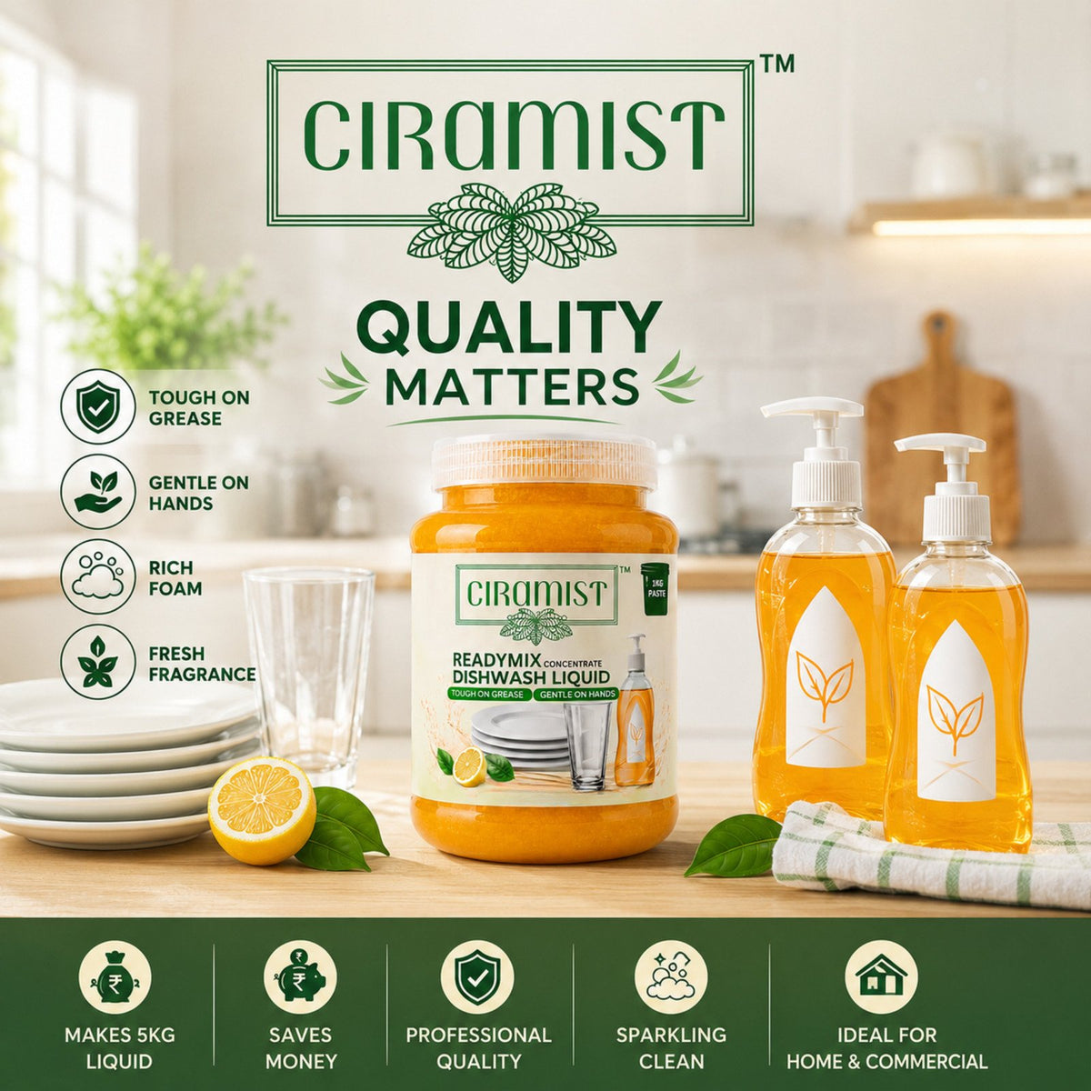 CIRAMIST Readymix Dish Wash Concentrate | Grease Cutting Dishwashing Liquid Dishwashing Detergent