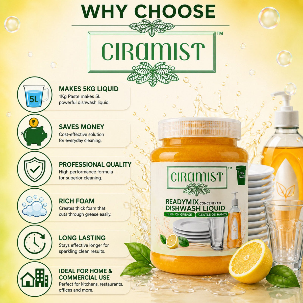 CIRAMIST Readymix Dish Wash Concentrate | Grease Cutting Dishwashing Liquid Dishwashing Detergent