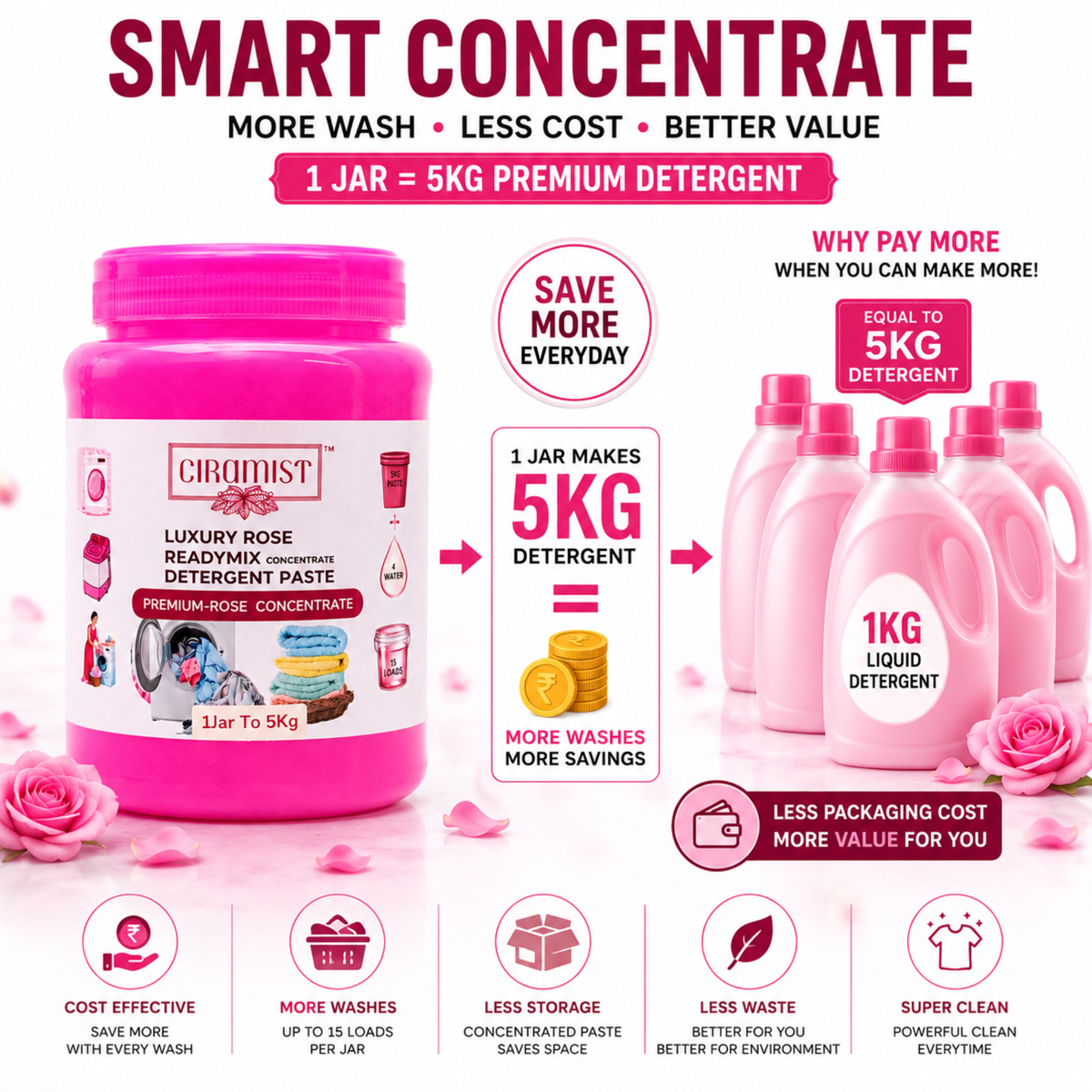 CIRAMIST Luxury Rose Detergent Concentrate Paste for Machine & Hand Wash 1 Jar To 5Kg Rose Liquid Detergent (900 g)
